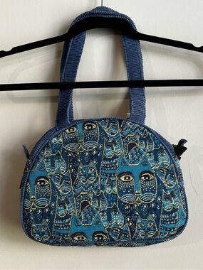 NEW Laurel Burch Blue Patterned Cat Tapestry Shoulder Bag Designer Art